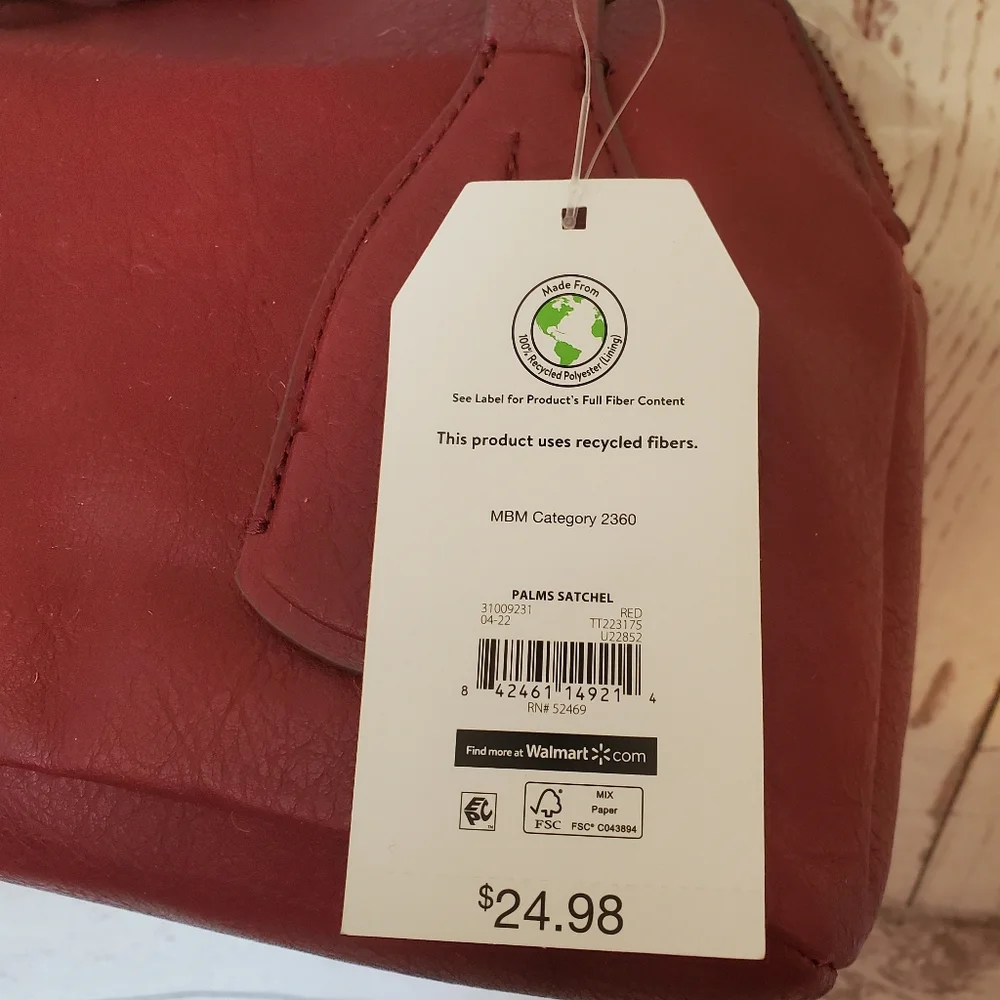 Time and Tru recycled materials vinyl Palms Satchel red